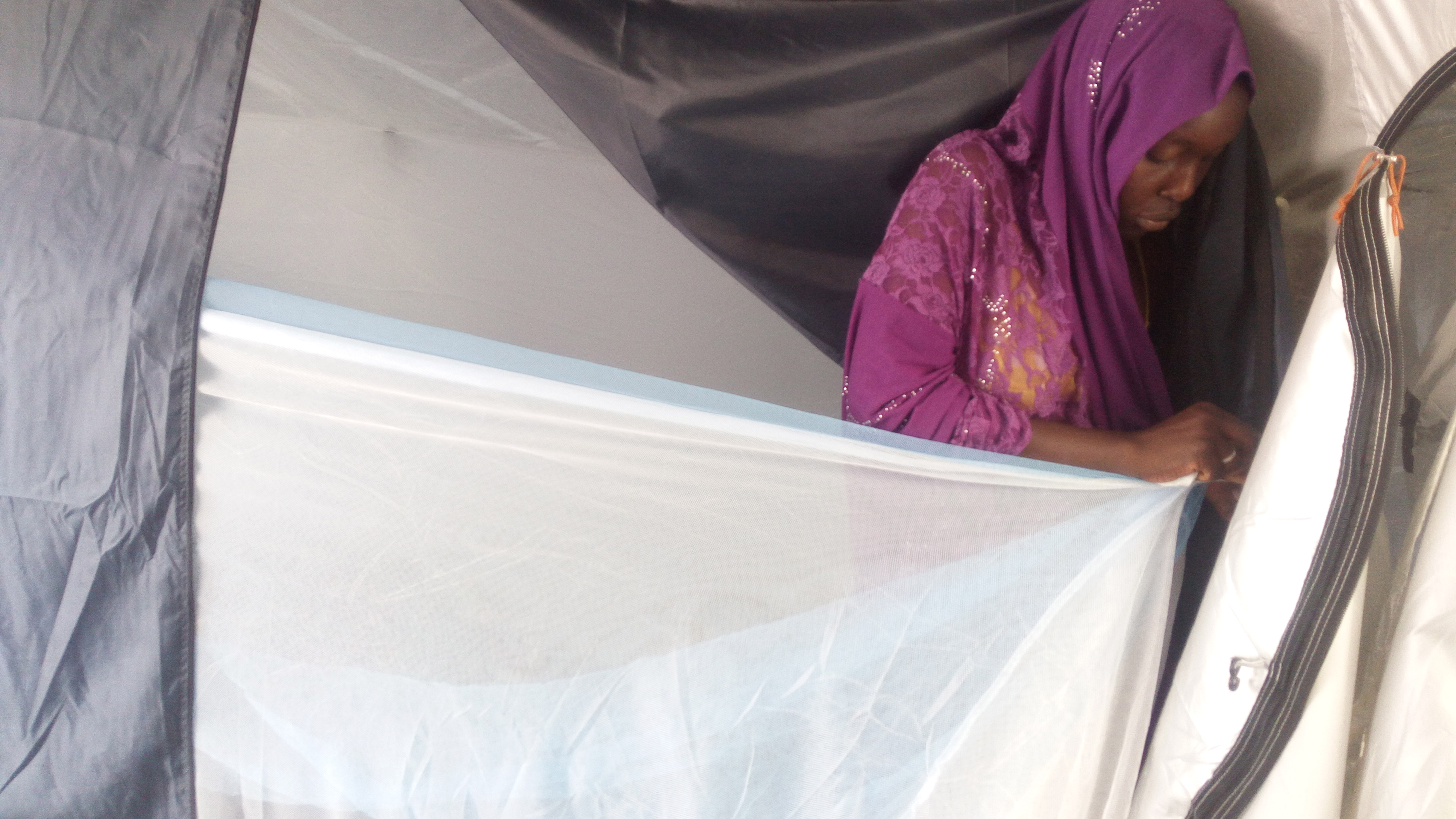 Woman in a tent hangs a mosquito net across the tent