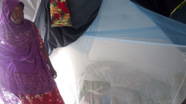 A woman stands beside her child who is sleeping underneath a mosquito net