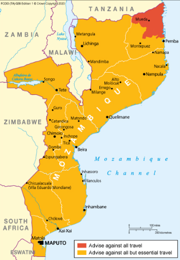 Map of Mozambique showing Northern province where travel is not advised