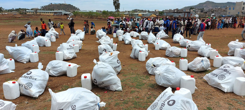 Rows of shelter aid ready to be distributed