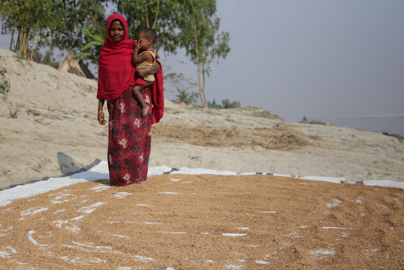 Behula stands on a tarp full of drying rice