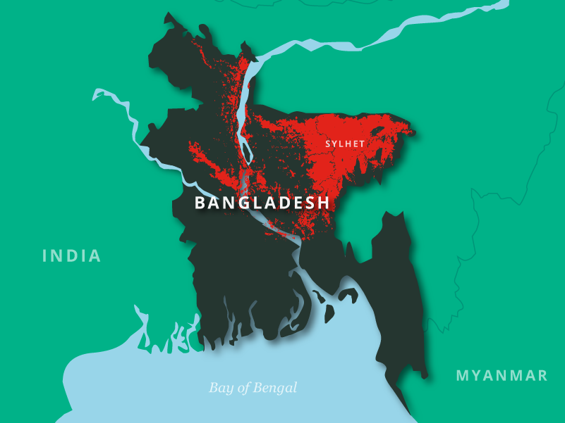 Map showing Bangladesh with red areas in the north-west