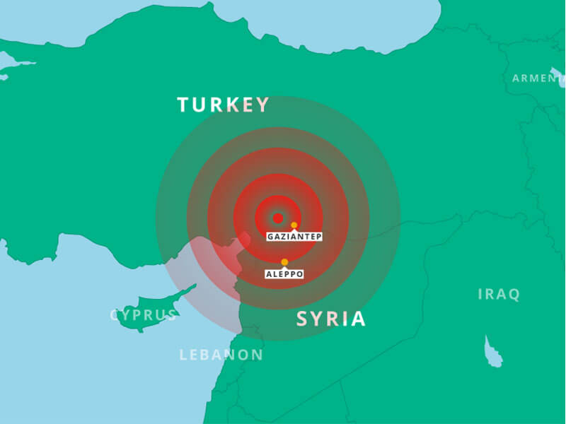 A map of Turkey with a red shockwave near Gaziantep